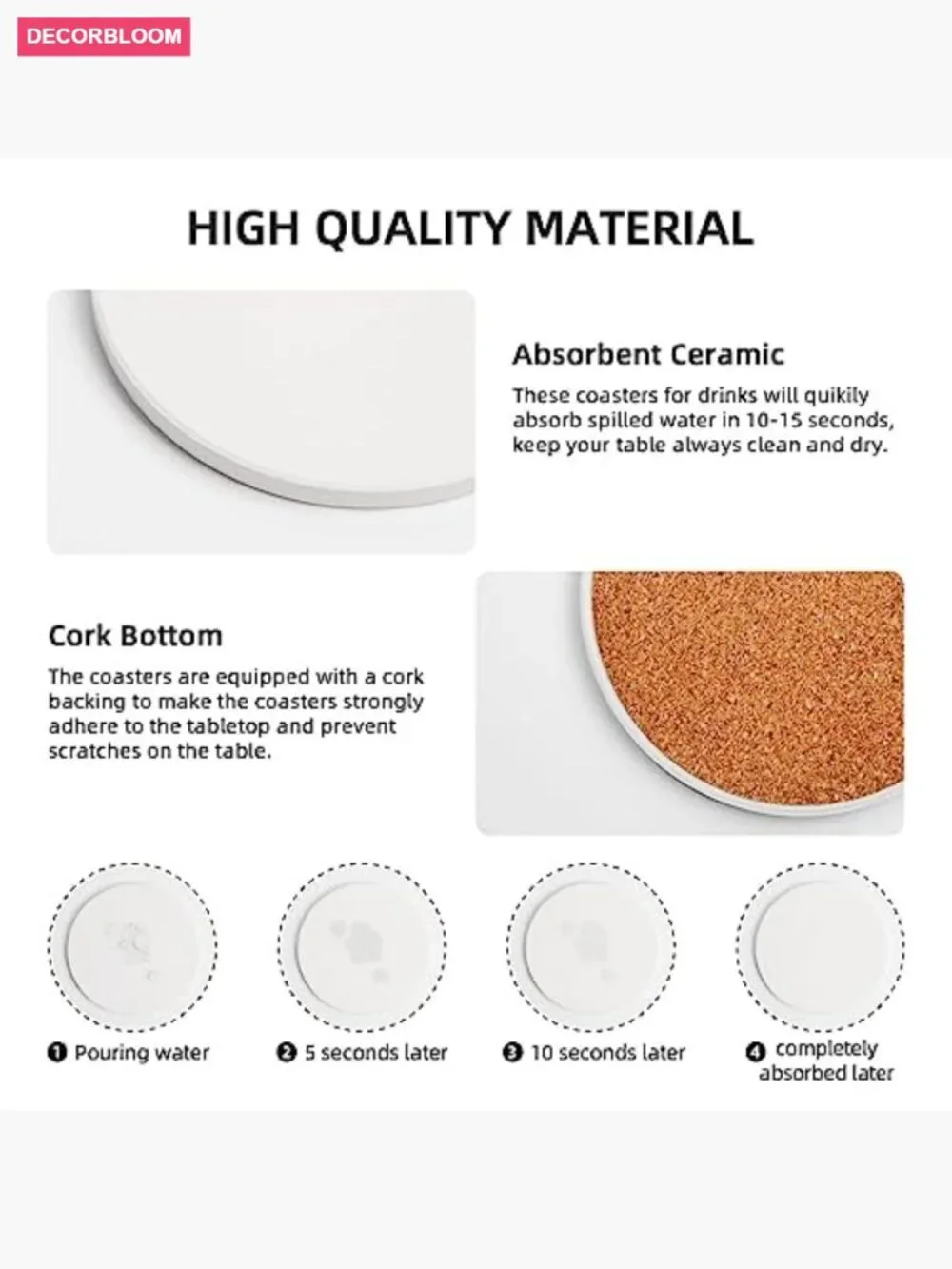 Set of 6 Absorbent Ceramic Stone Coasters with Cork Base and Metal Holder